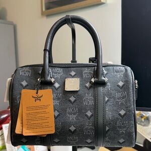 MCM Black Denim Visetos Monogram Boston Bag